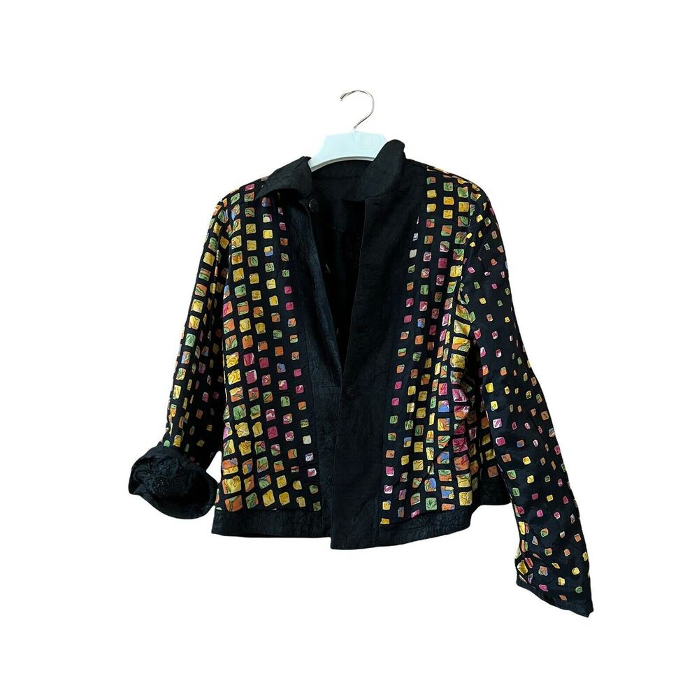 Vtg Anage Black Embroidered button front blazer jacket Size Medium made in India